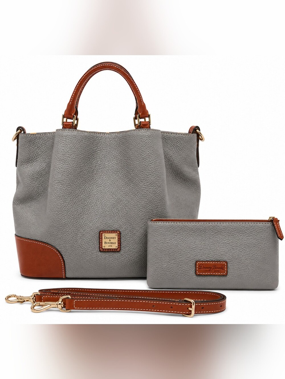 Dooney Bourke Large Brenna Pebble Leather Satchel Smoke Gray Zip Pouch Dust Bag